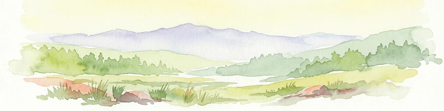 Watercolor illustration of a mountainous landscape with green forests, a river, and distant mountains under a light sky