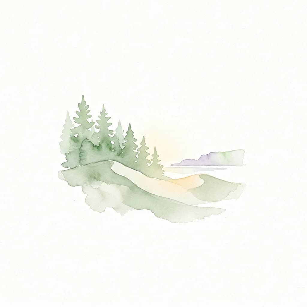 Watercolor painting of green pine trees on sand dunes with a light blue water body and distant hills