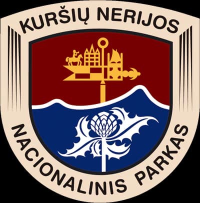 Curonian Spit National Park emblem with red upper section containing a wind vane, blue lower section with a thistle, and wave design