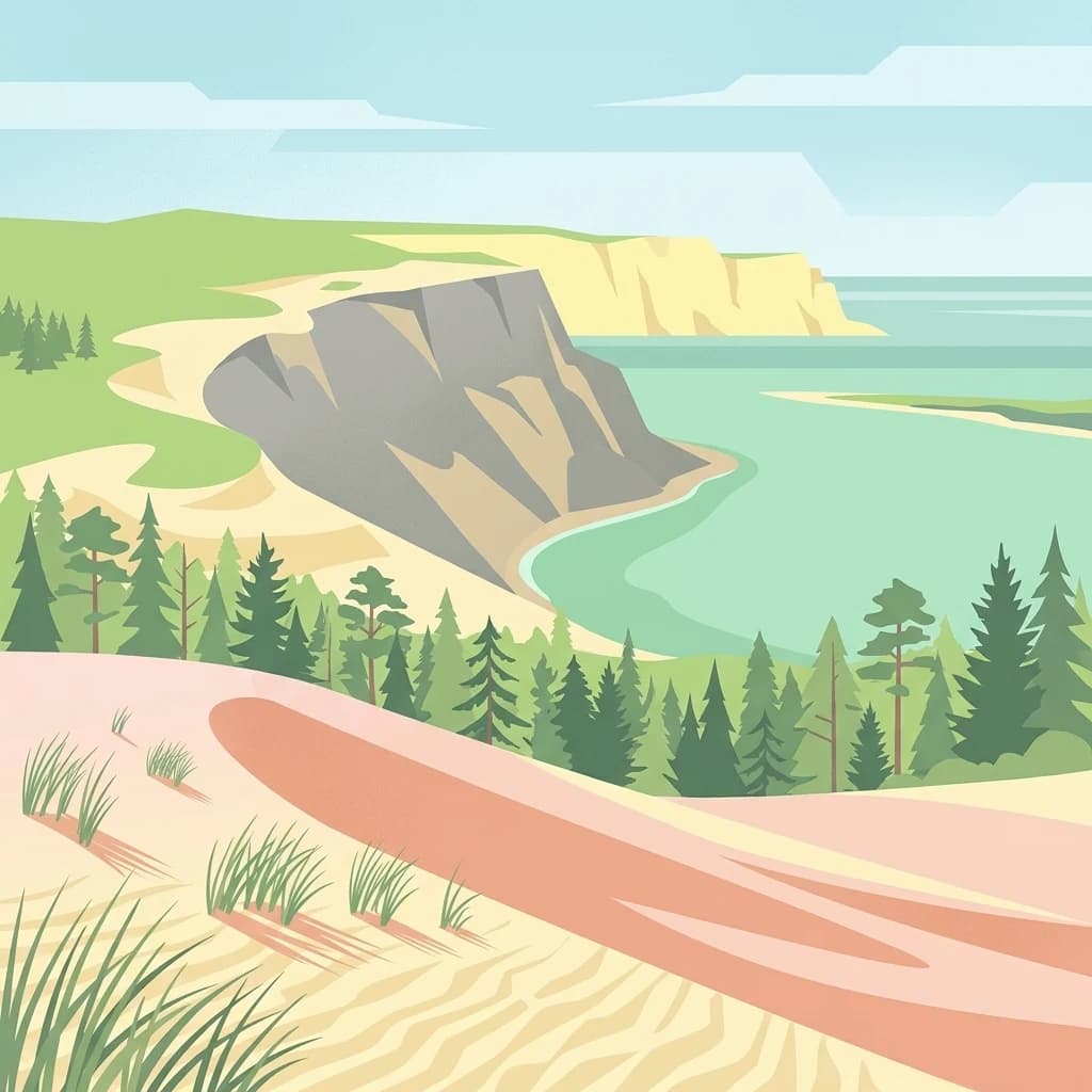 Illustration of sand dunes, pine forest, turquoise water, and coastal cliffs with green hills in the background.
