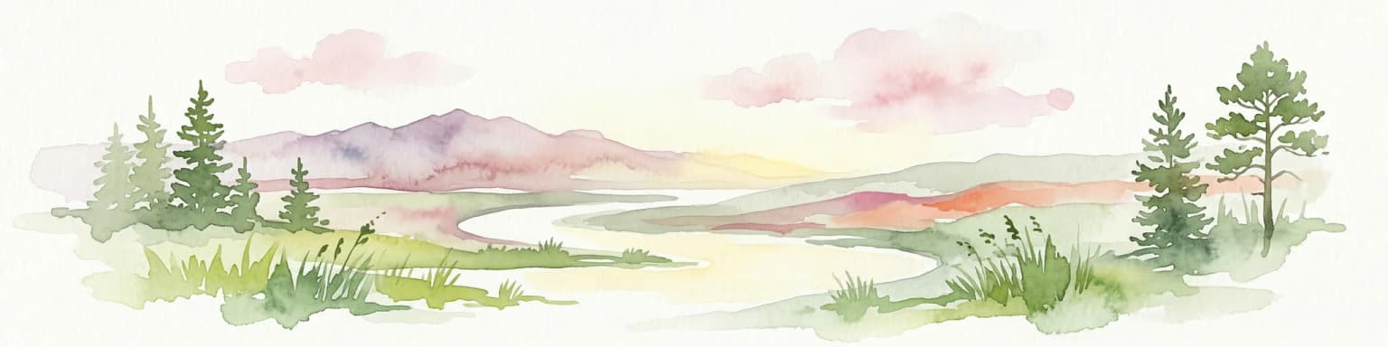 Watercolor painting of a landscape with a river flowing through grassy fields, trees, and mountains in the background
