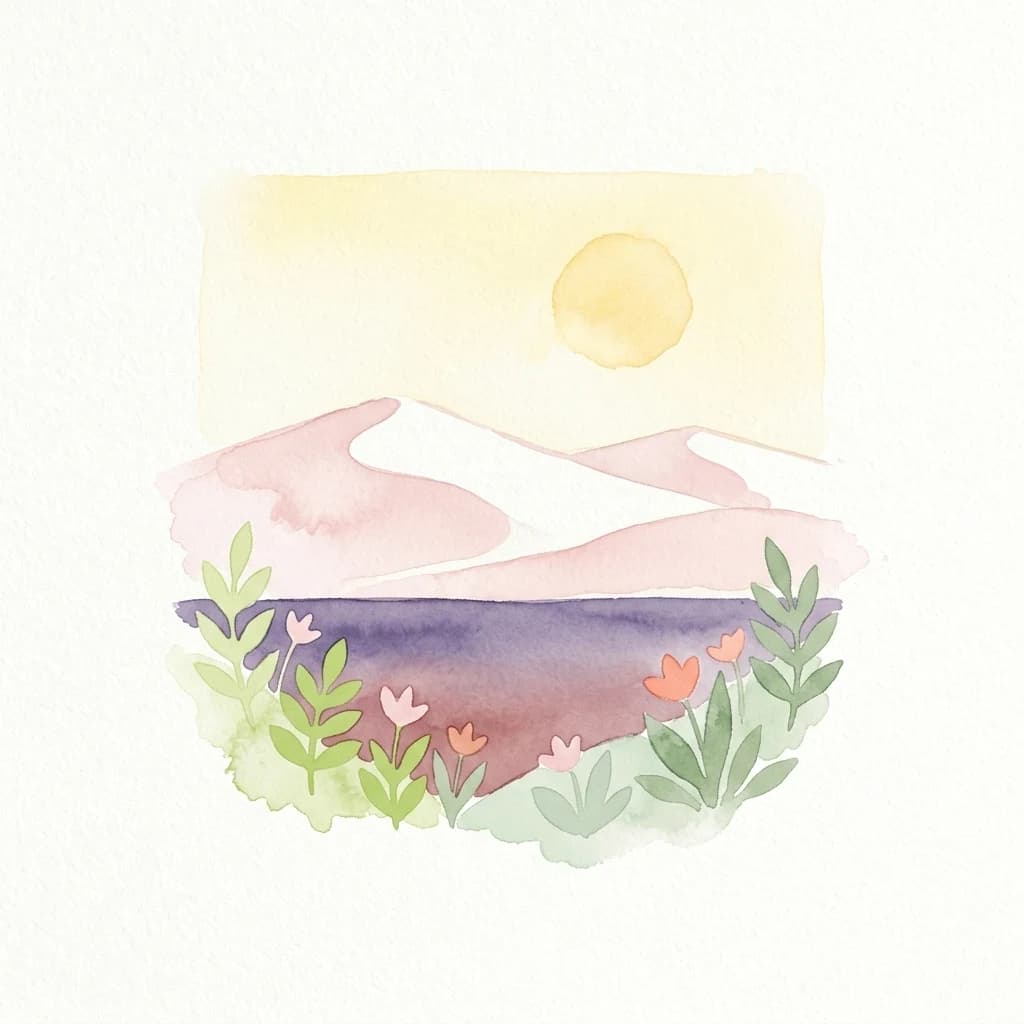 A watercolor illustration showing a yellow sun, pink rolling hills or dunes, a purple body of water, and green plants with small flowers in the foreground on a white background.