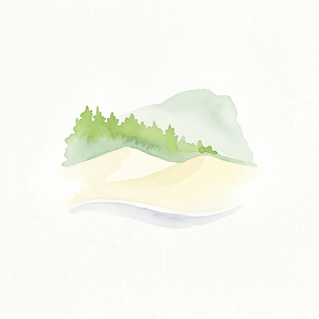 Watercolor illustration of sand dunes with a strip of forest vegetation