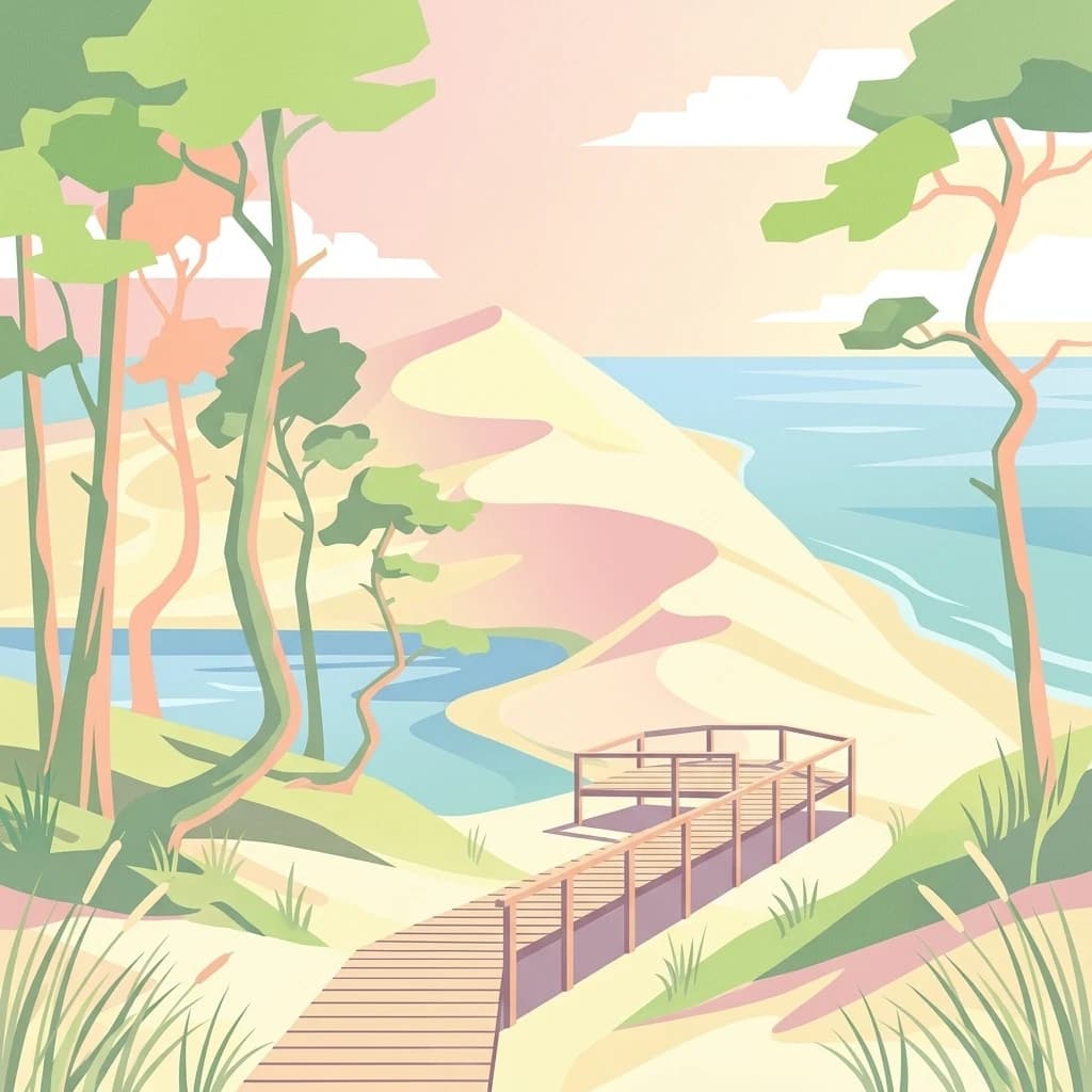 Stylized illustration of wooden boardwalk on sandy dunes with trees, Curonian Lagoon, and Baltic Sea