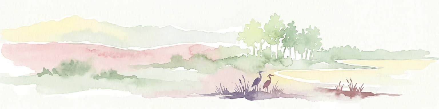 Watercolor painting of a coastal landscape featuring trees, birds, and soft pastel-colored hills