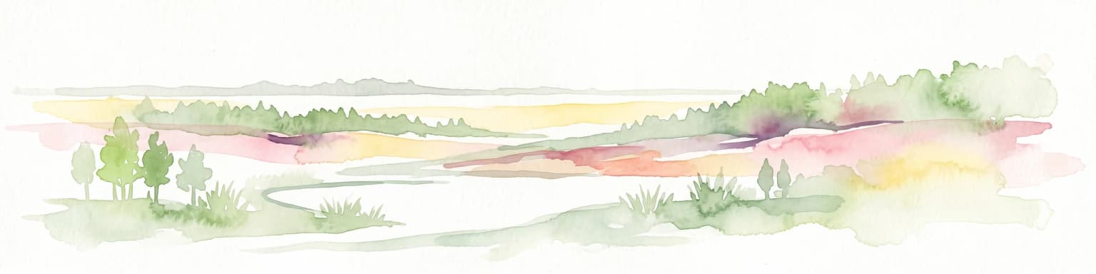 Una ilustración horizontal en acuarela que muestra un paisaje costero con tonos suaves de rosa y verde, con pequeños árboles, terreno pantanoso y una línea de horizonte suave.