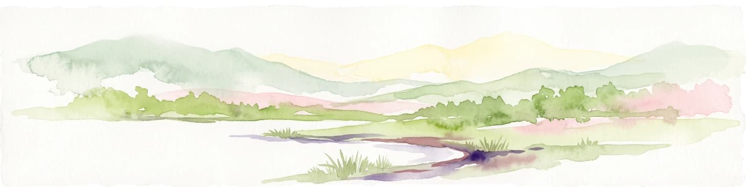 A watercolor painting showing soft, rolling hills in the distance with a marshy wetland and patches of greenery in the foreground.