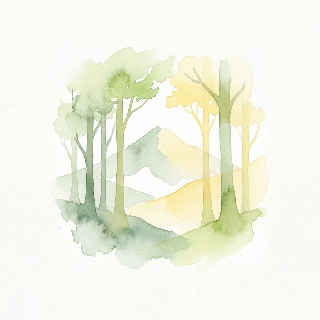 Ilustración acuarela de árboles y montañas