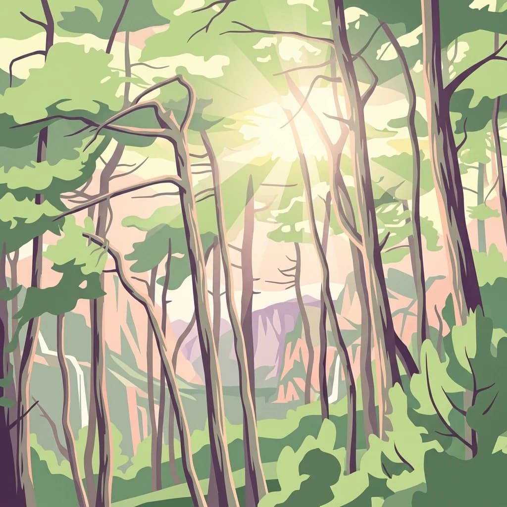 Illustration of a forest with tall trees, green foliage, and sunlight rays through the canopy