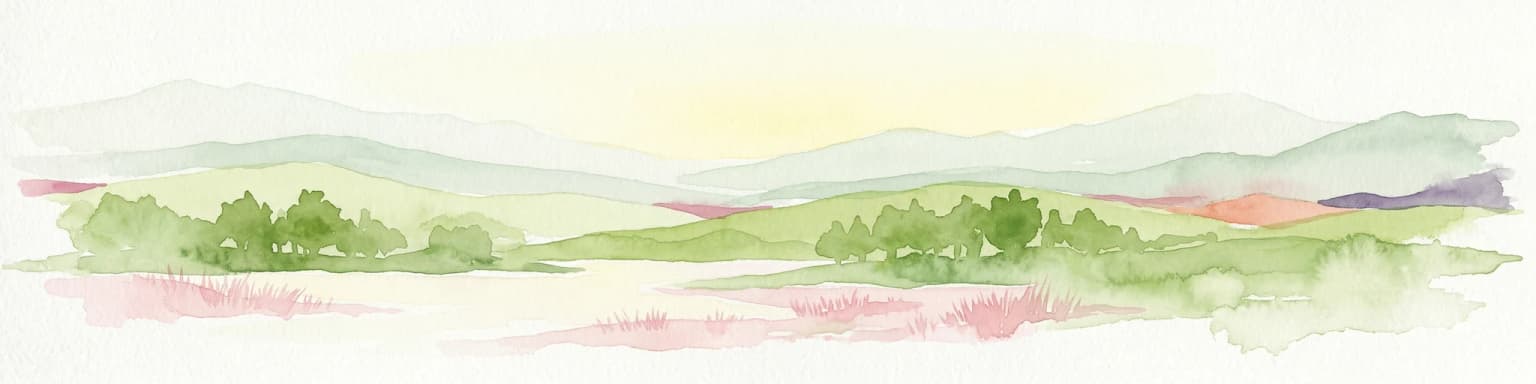 Watercolor illustration of green fields, clusters of trees, distant mountains, and a light yellow sky