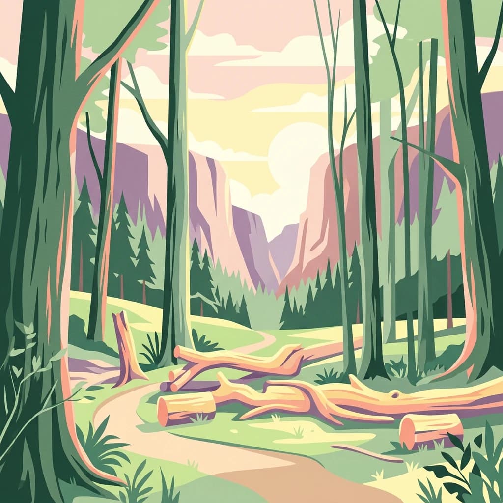 Stylized illustration of a forest path surrounded by tall trees with fallen logs and a mountain backdrop