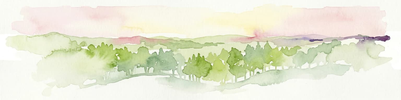Watercolor painting of green trees on rolling hills under a pink and orange sunset