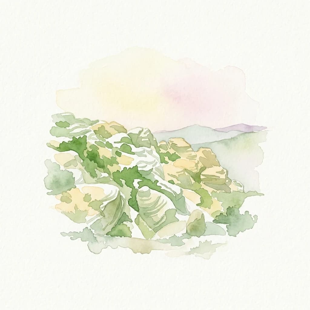 Ilustración en acuarela de terreno rocoso con vegetación verde y montañas distantes bajo un cielo suave