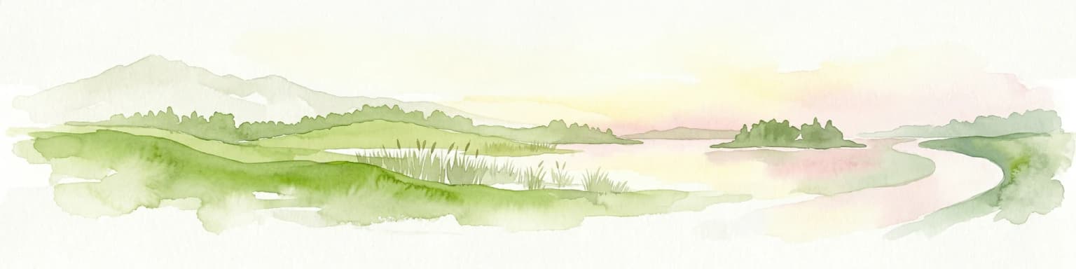 Watercolor illustration of a river delta landscape with winding waterways, green fields, distant mountains, and a pale sky