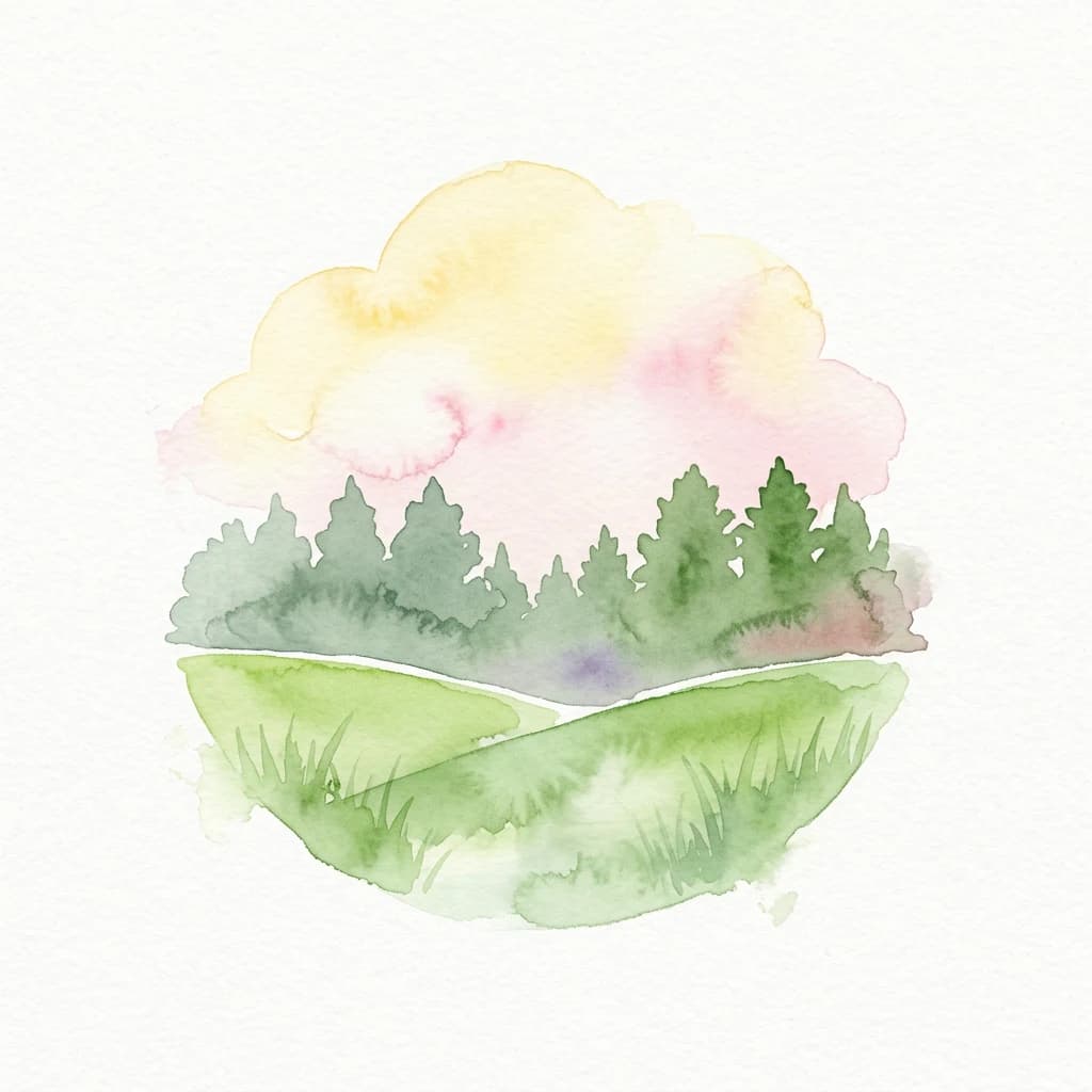 Watercolor painting showing green hills, a forest line, and a sky with yellow and pink clouds.