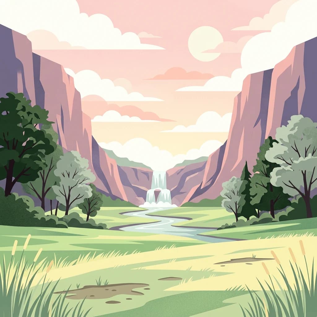 Illustration of a canyon with waterfall, river, and surrounding landscape including mountains, trees, and grass