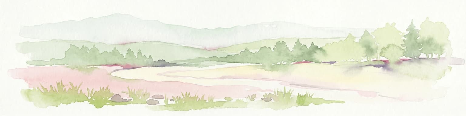 Watercolor illustration of a river landscape with grassy banks, trees, and hills in the background