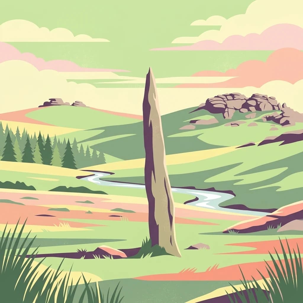 Illustration of a tall standing stone in Dartmoor's grassy moorland with a river and rocky tors under a partly cloudy sky