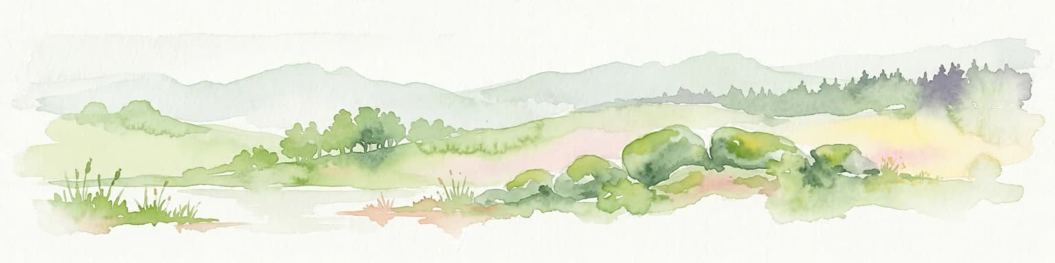 Watercolor illustration of Dartmoor moorland landscape with rolling hills, grassy vegetation, a stream, and distant mountains.