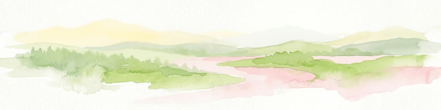 Ilustración de acuarela de un paisaje con colinas verdes, un río sinuoso y tonos suaves de rosa y amarillo