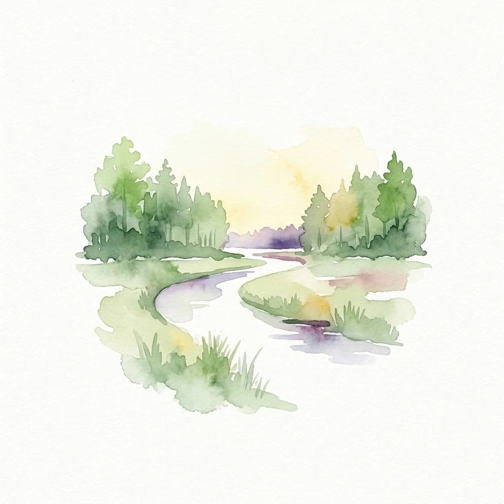 Watercolor illustration showing a winding stream through marshland with trees and grass under a yellow sky