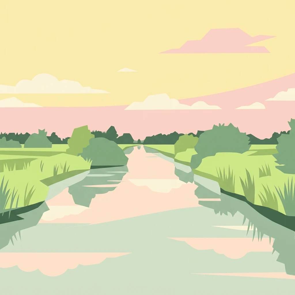 Stylized illustration of a waterway running through a landscape with green banks, vegetation, and trees under a pink and yellow sky with clouds