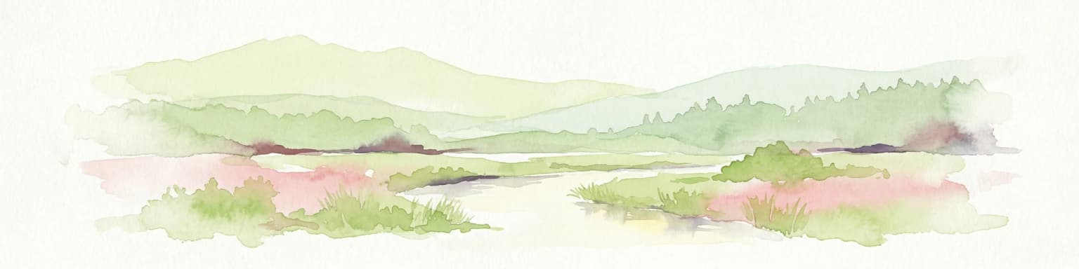 A watercolor painting depicting a landscape with marshes, lakes, forests, and meadows