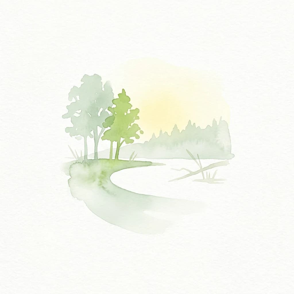 Watercolor painting showing a river bend, trees, and a sunset over a wetland landscape