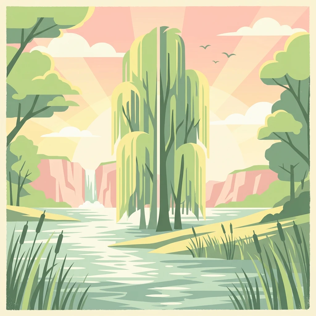 Illustration of a river scene with willow trees, reeds, and cliffs under a sunset sky with birds flying