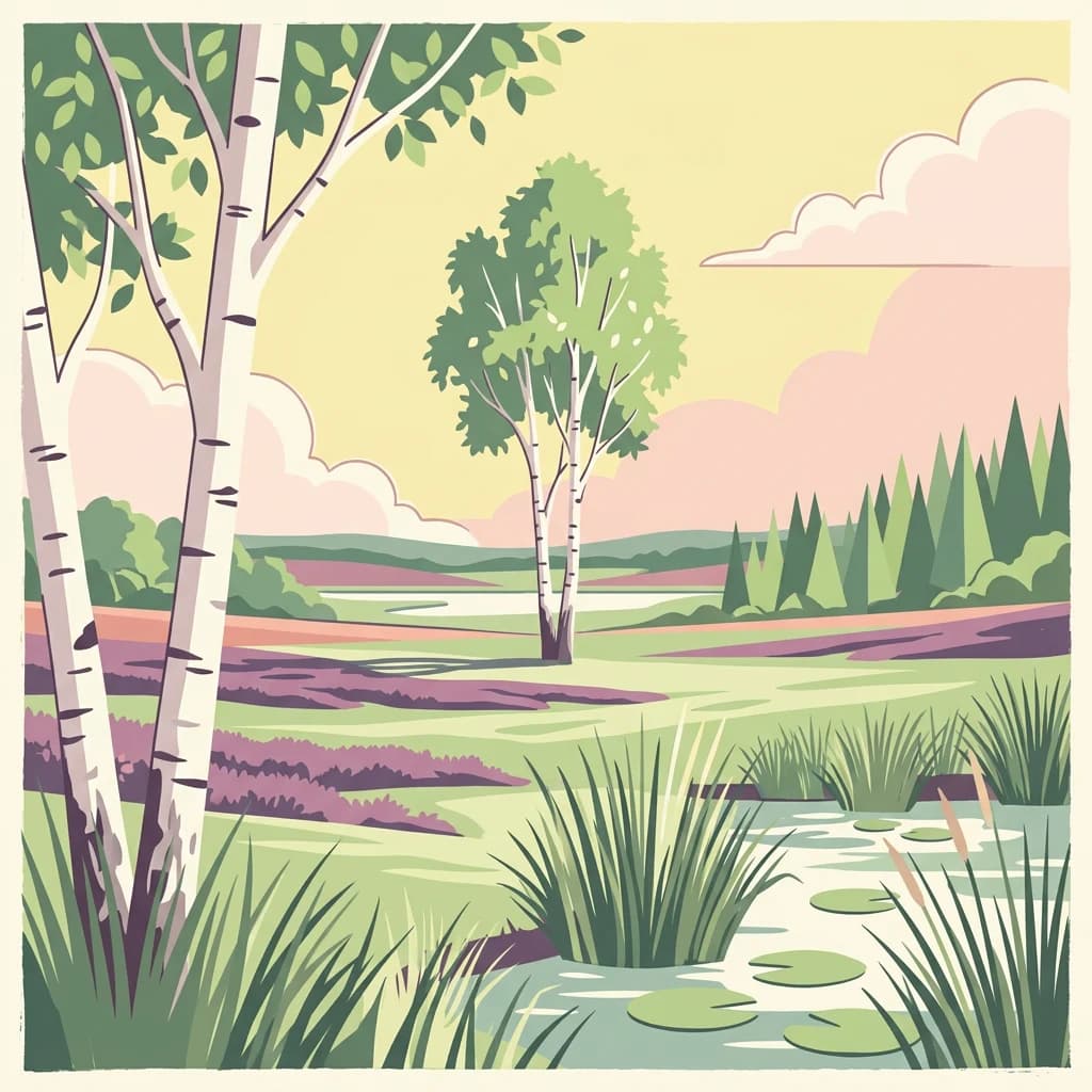Illustration of a peat bog landscape with birch trees, a stream with lily pads, and tall grasses under a pale sky with soft clouds
