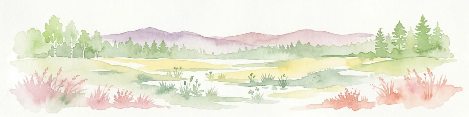 Watercolor painting of a peat bog ecosystem featuring green trees, pink and yellow vegetation, a body of water, and distant mountains