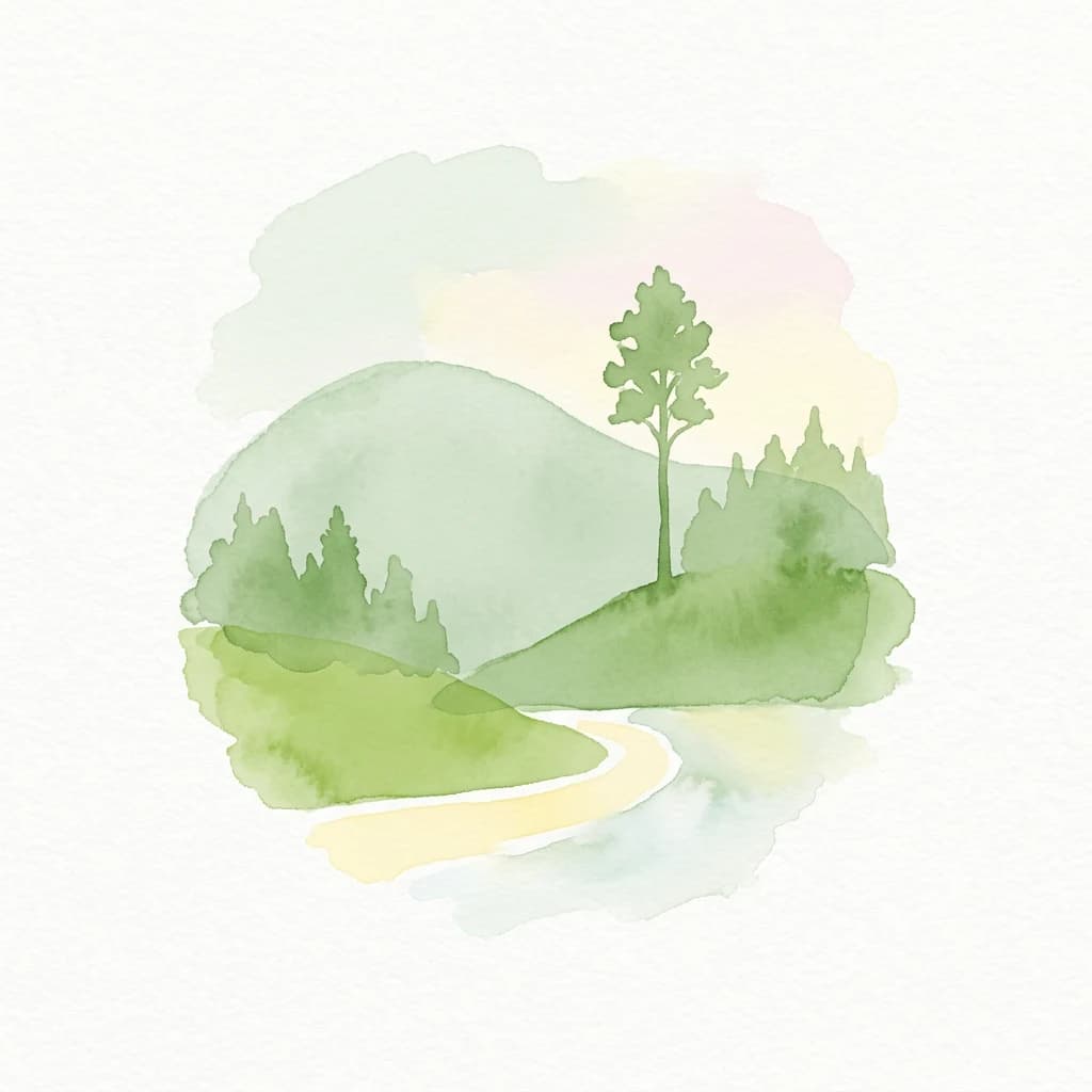 Watercolor illustration of a winding path through rolling green hills with a single tree and forest in the background