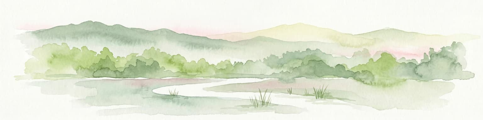 Watercolor painting of rolling hills, green trees, and a winding path