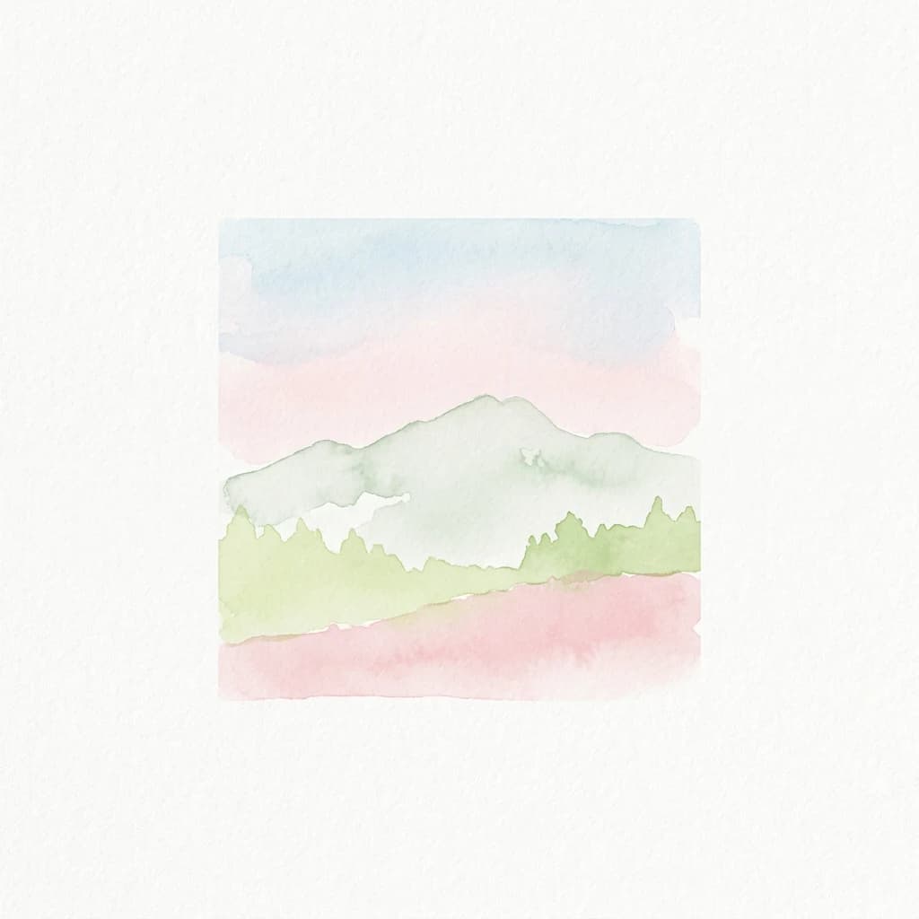 Watercolor painting of a mountain landscape with green hills and pink and blue sky