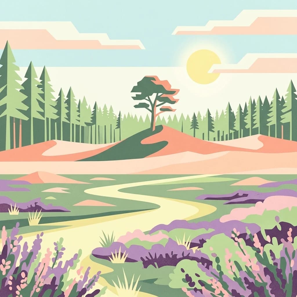 Colorful illustration of a landscape with sand dunes, pine trees, a winding path, and purple flowers under a sunny sky with clouds