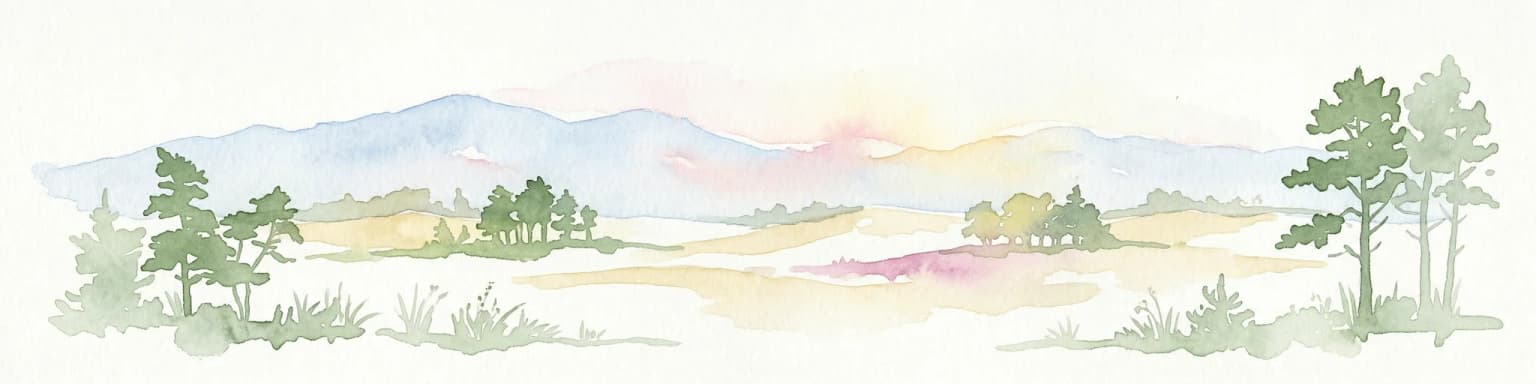 Watercolor artwork showing sand dunes, scattered trees, distant mountains, and soft sky