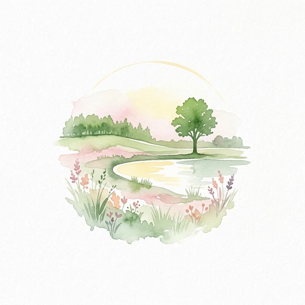 Watercolor illustration of a tree, flowers, a winding path, and a body of water with a soft sky background