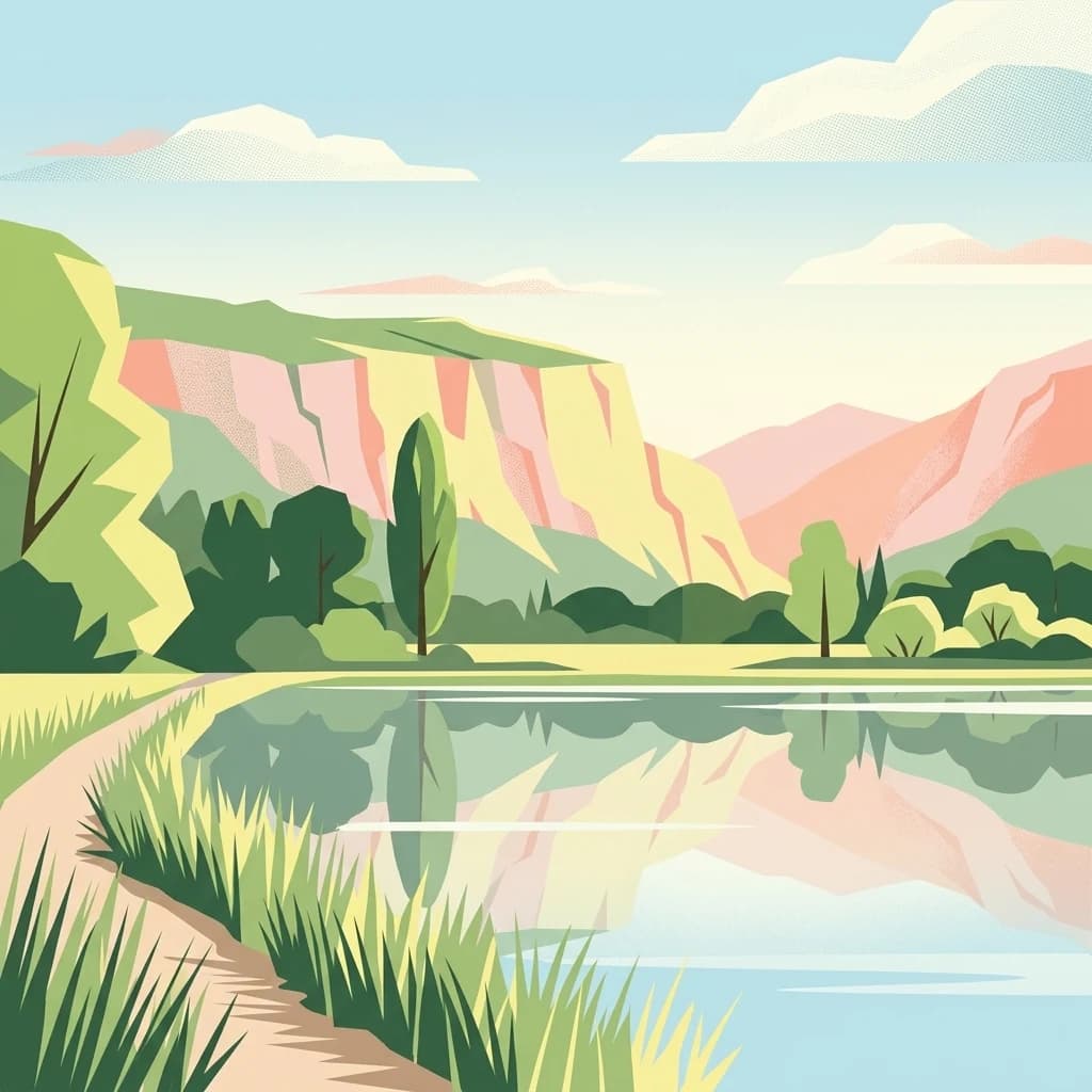 Stylized illustration of a lake with reflective water, grassy shoreline, sandy path, and colorful cliffs under a clear sky