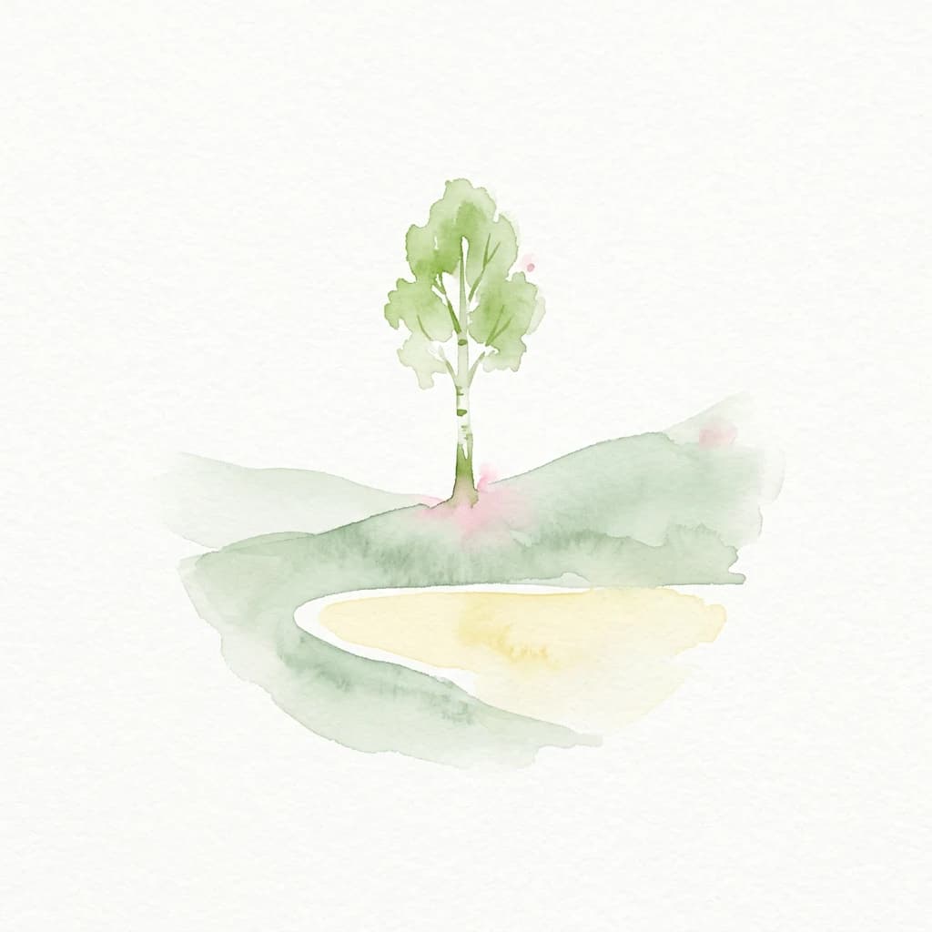 Watercolor illustration showing a single tree on a small hill with a body of water below