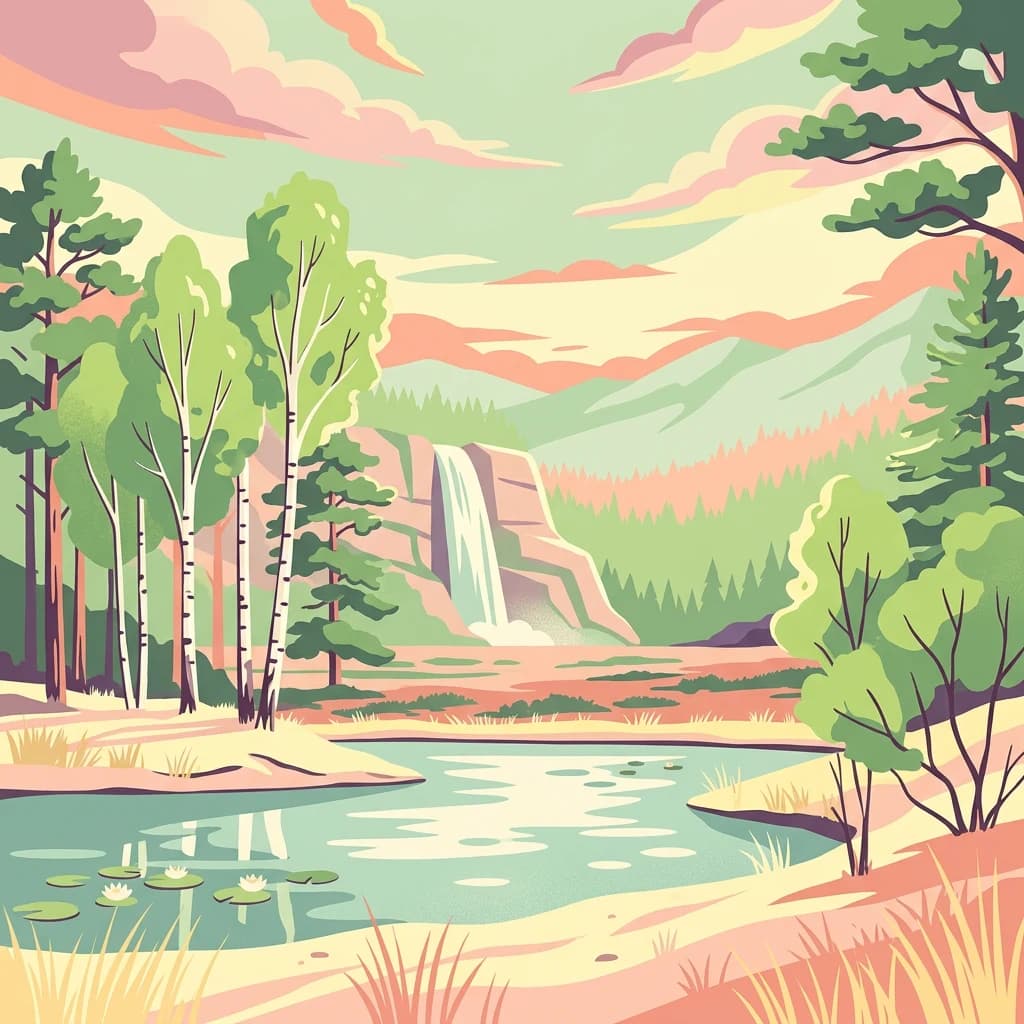 Stylized illustration of a forest landscape with a waterfall, lake, trees, and mountains under a colorful sky