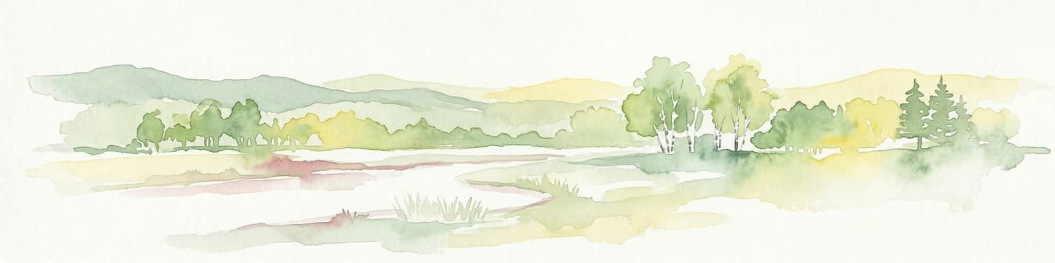 Watercolor painting of a landscape featuring a stream, trees, and rolling hills