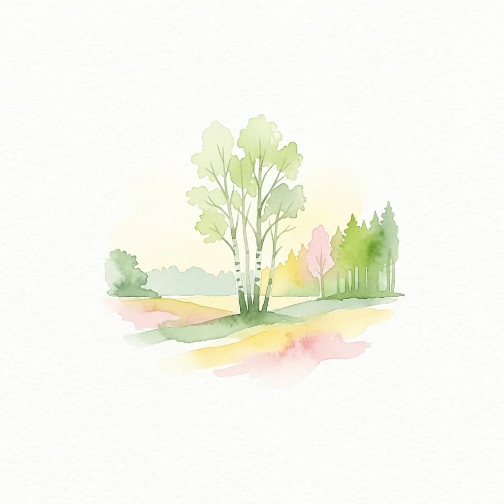 Watercolor illustration showing a landscape with birch trees, other trees, and colorful fields in shades of green, yellow, and pink.