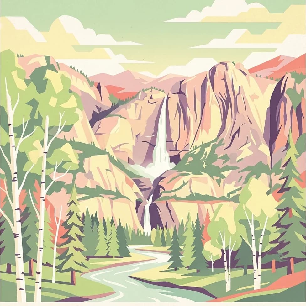 Illustration of a mountainous landscape featuring a waterfall, river, and forested area with birch and pine trees