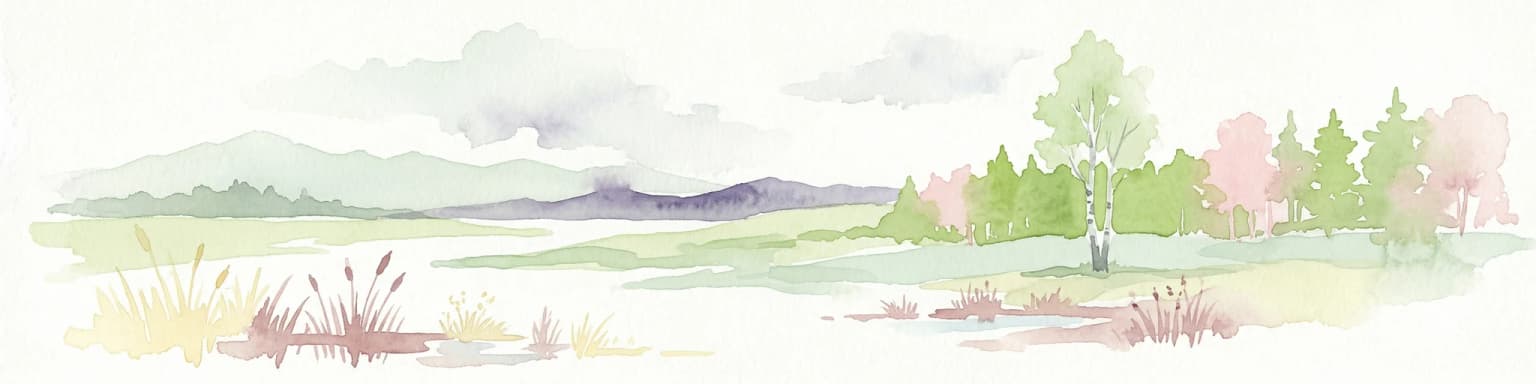 Watercolor illustration of a landscape with grassy fields, reeds, a small water feature, trees, and distant hills under a cloudy sky