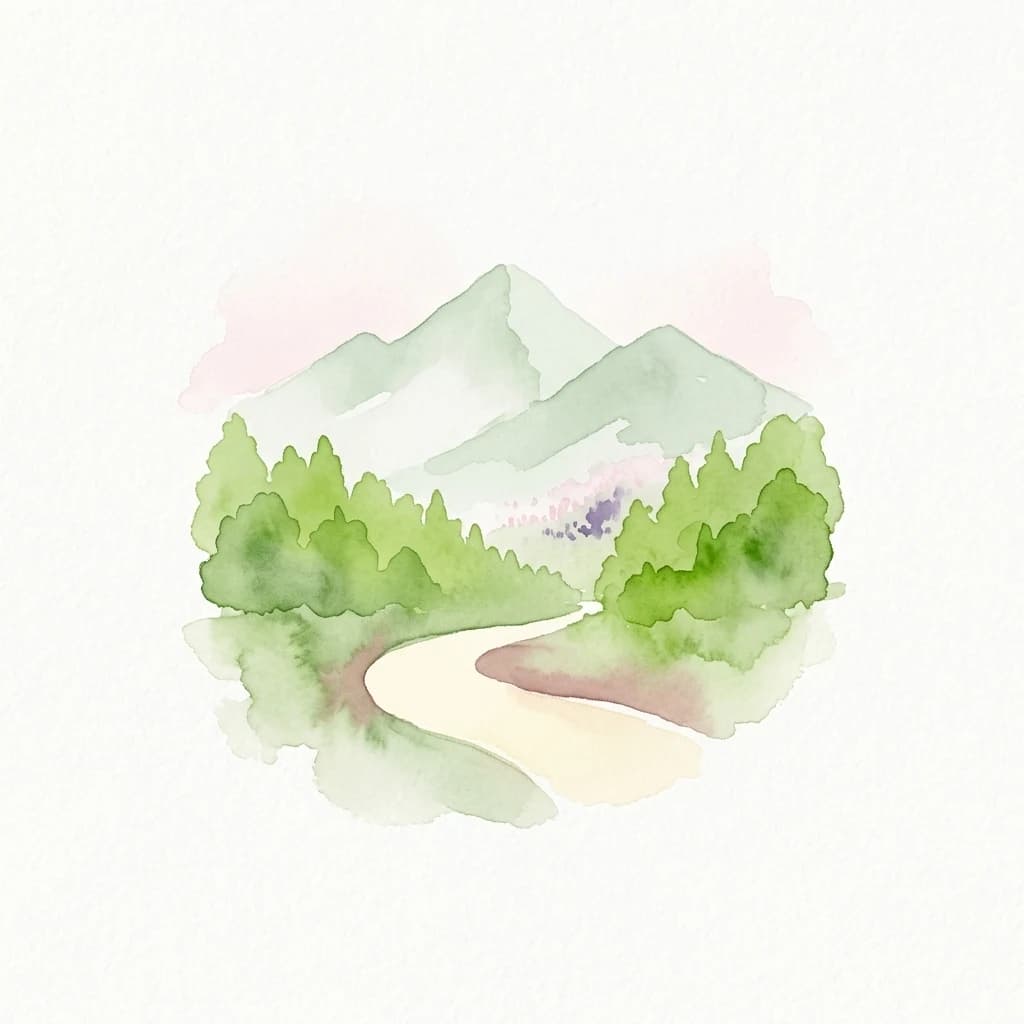 Watercolor illustration showing a winding path through green forest with mountains in the background