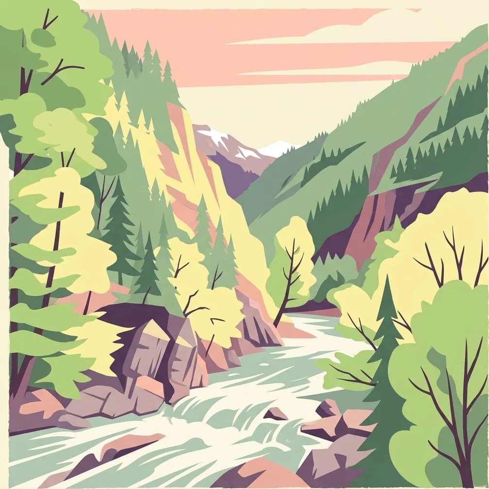 Illustration of a river flowing through rocky mountains with dense forests