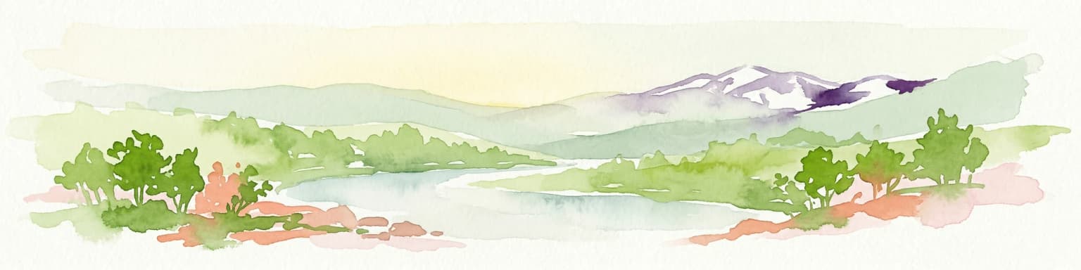 Watercolor illustration showing a river flowing through a valley with green hills, trees, and snow-capped mountains in the background