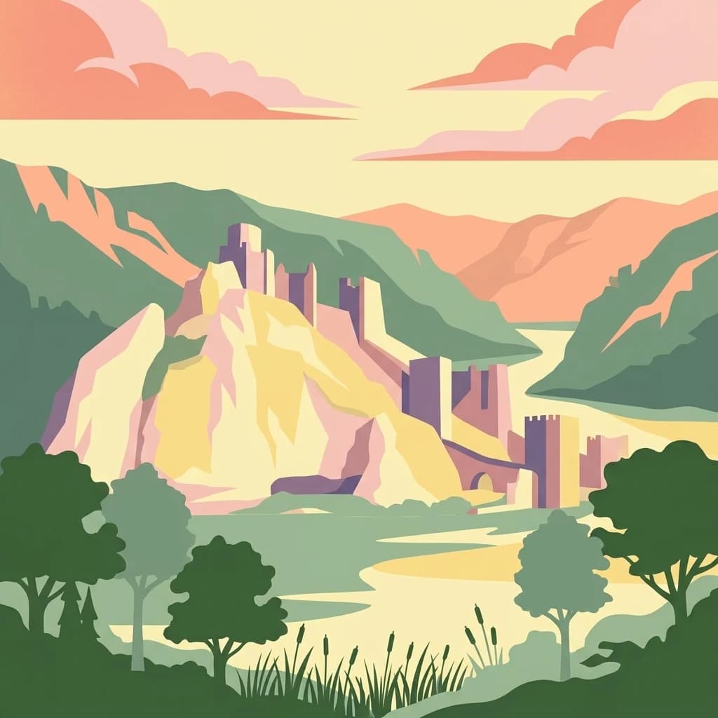 Stylized illustration of a castle on a hill by a river with mountains and trees
