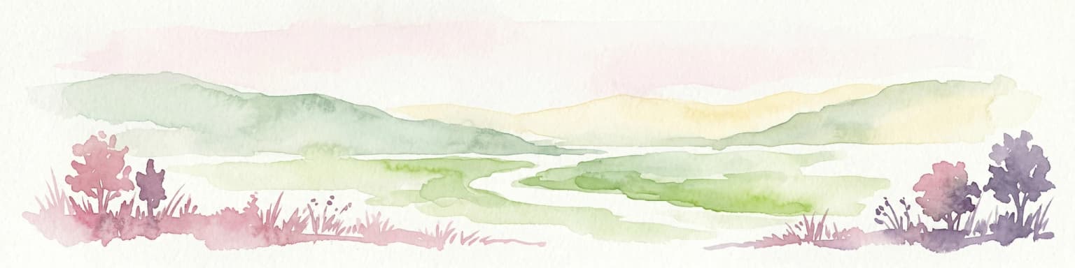 Watercolor illustration of a river flowing through a valley with rolling hills and trees
