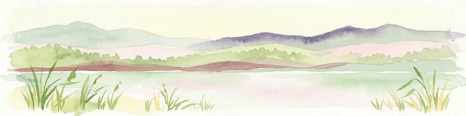 Watercolor illustration depicting a landscape with hills in the background, green vegetation in the foreground, and a body of water in the middle ground